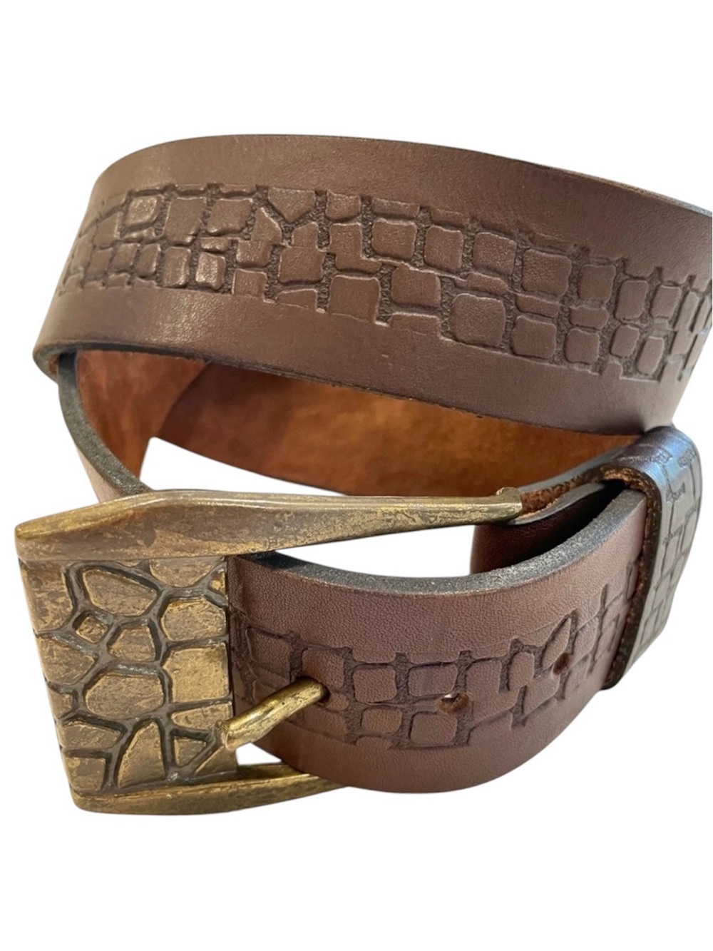 Vintage SHAG Men’s Brown Shrunken Leather Belt Sz 36 Alligator Embossed Western